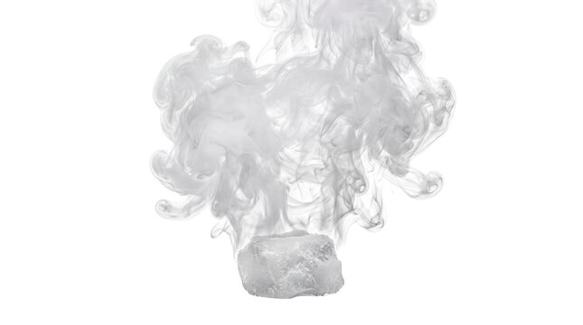 Dry ice sublimation with thick white smoke, frozen carbon dioxide block emitting vapor, cold steam effect on white background