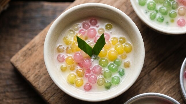 Indonesian bubur sagu mutiara, colorful pink green yellow tapioca sago pearls in sweet coconut milk soup garnished with pandan leaf in ceramic bowl, top view close up on rustic wooden table.