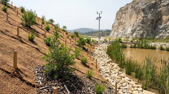 Erosion control slope covered with biodegradable coir matting young green plants wooden stakes small retention pond and solar weather station at quarry site.