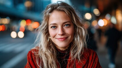 Obraz premium This striking portrait features a beautiful woman in a vibrant urban backdrop, radiating confidence and charm, embodying the spirit of modern city life and its lively atmosphere.