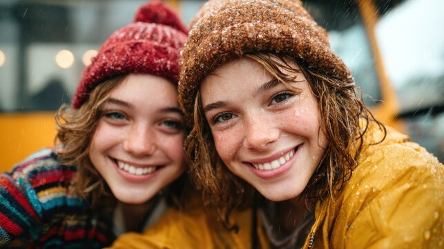 Two cheerful friends with curly hair and colorful hats playfully embrace the rain, beaming with joy as droplets fall and laughter fills the air, capturing a moment of pure happiness.