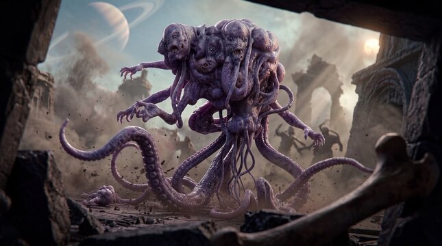 Strange creature with multiple heads and tentacles in a ruined landscape