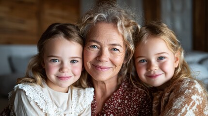 Fototapeta premium A heartwarming portrait of a grandmother surrounded by her two smiling granddaughters, depicting love, family connection, and the joys of cherished moments together.