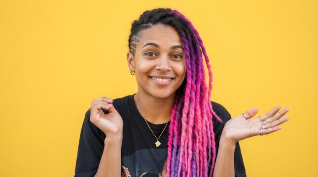 Smiling woman with pink dreadlocks and shaved hairstyle showing open palm on yellow background. Individuality, self expression and body positive concept. Fashion beauty portrait.