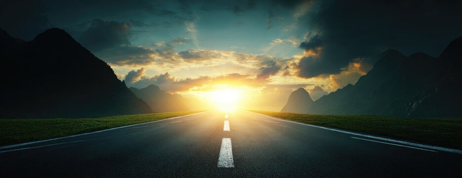 Asphalt road stretches into a dramatic sunset, mountains in the distance
