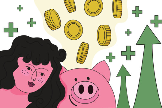 Woman saving money with piggy bank and financial growth illustration