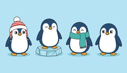 Fototapeta premium Four cute penguins in different seasonal outfits including a winter hat, an ice floe, a scarf, and a plain penguin in a light blue scene.