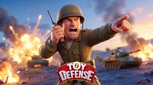 Soldier points and shouts while commanding troops in a battle scene with explosions in a toy defense setting