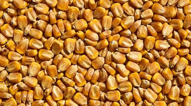 Vibrant golden corn kernels scattered in a full-frame close-up, showcasing natural texture and agricultural abundance