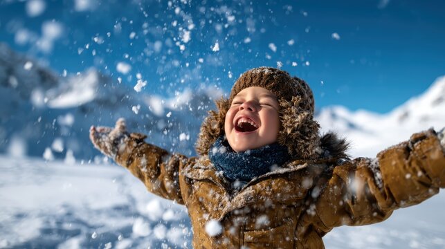 A joyful child extends arms wide and laughs, surrounded by sparkling snow in a stunning winter landscape, embodying excitement and the pure delight of snowy adventures.