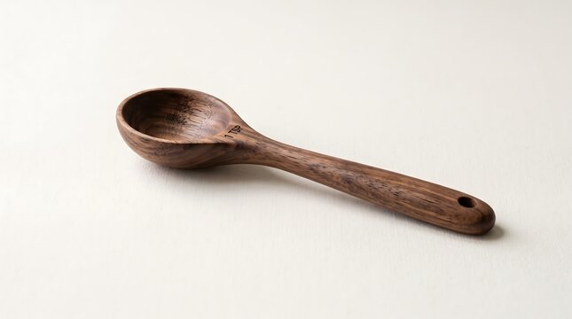 A single handcrafted walnut wood measuring spoon marked one teaspoon, isolated on a light neutral background with rich natural wood grain.