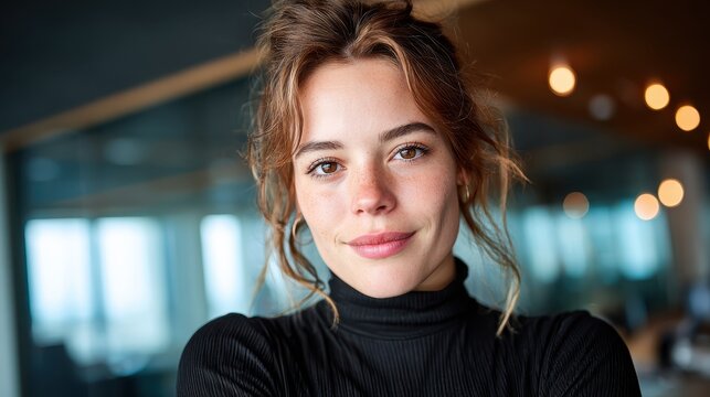 A close-up portrait of a young woman exudes confidence and warmth, set in a contemporary environment, capturing the essence of modern femininity and style.