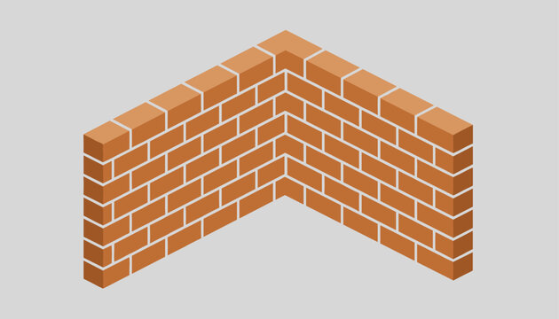 An isometric perspective view of an L-shaped brick wall constructed from orange-red rectangular clay blocks on a light gray background.