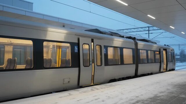 Modern Passenger Train Closes Its Doors At A Snowy Station Platform