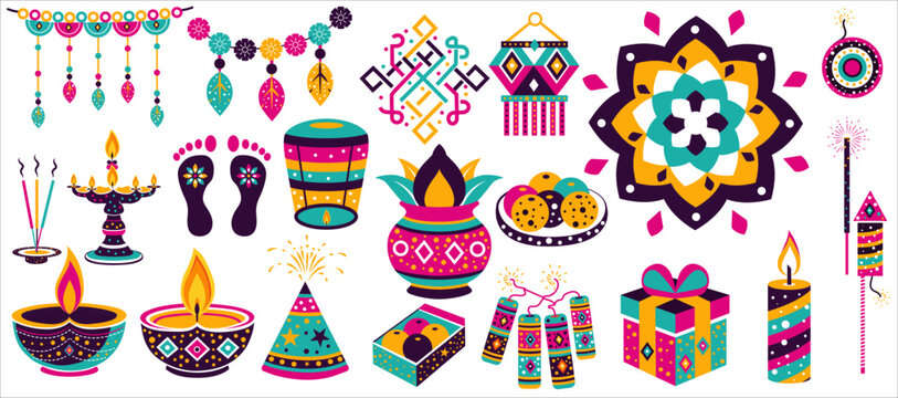 Happy Diwali Vector Icon Set  Colorful Indian Festival Elements. Deepavali Celebration Flat Icons Rangoli, Diya, Sweets, and Firecrackers Vector. modern elements illustration and icon set for graphic