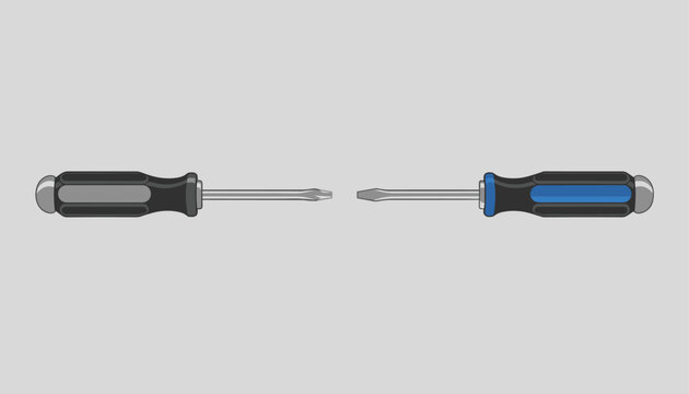 Pair of flat head and Phillips screwdrivers facing each other on a neutral grey background representing construction and repair maintenance tools.