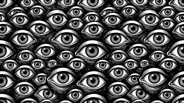 Black and White Seamless Pattern of Staring Human Eyes