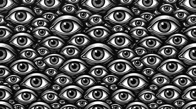 Black and White Seamless Pattern of Staring Human Eyes