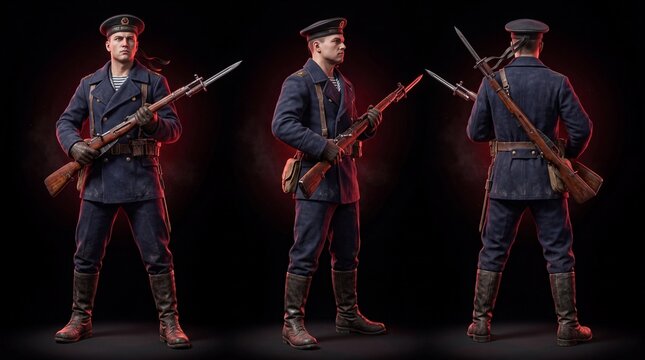 Soldiers in uniform holding rifles in three different views on a dark background
