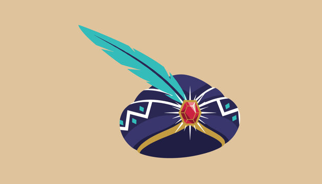 Blue turban hat adorned with a red gemstone and a teal feather, set against a solid tan background, suggesting mystical or exotic fashion themes.