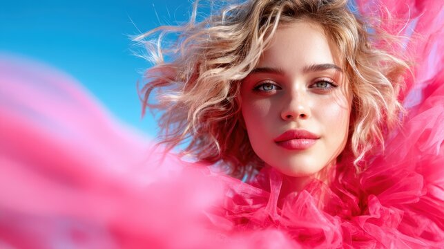 A stunning close-up of a young woman framed by swirling pink tulle, showcasing vibrant colors and capturing a sense of femininity, beauty, and artistic expression in motion.
