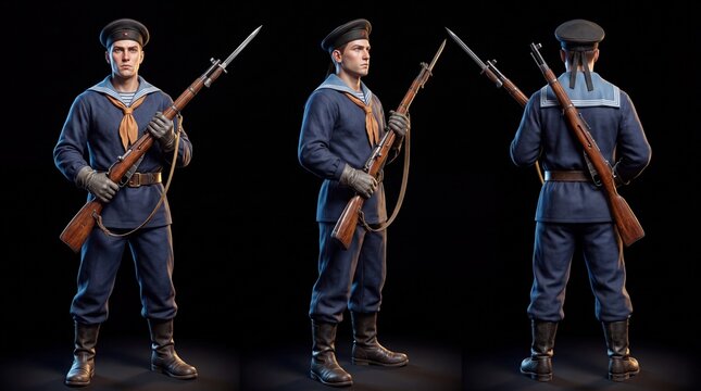 Sailor stands with rifle in hand, facing different directions, showcasing military uniform details