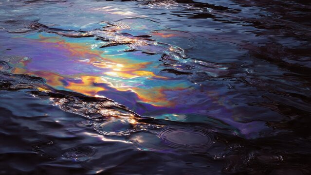 Vibrant oil spill on water surface reflecting light in iridescent patterns