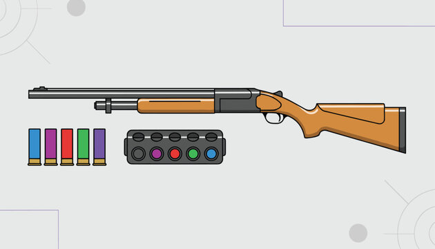 Tactical shotgun with a set of colorful ammunition cartridges and a box of shells displayed on a light background for weapon art.