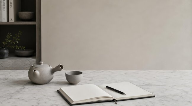 Minimalist tea set and journal on marble table