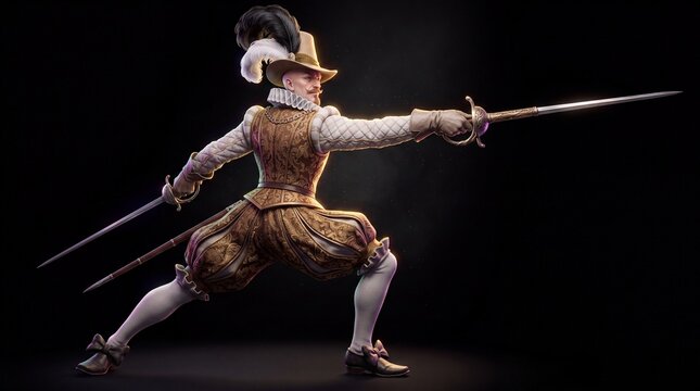 Fencer in historical costume showing skill with swords in a dramatic pose