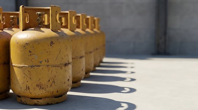 Row of weathered yellow liquefied petroleum gas cylinders standing outdoors in sunlight casting sharp shadows on concrete floor for domestic energy storage.