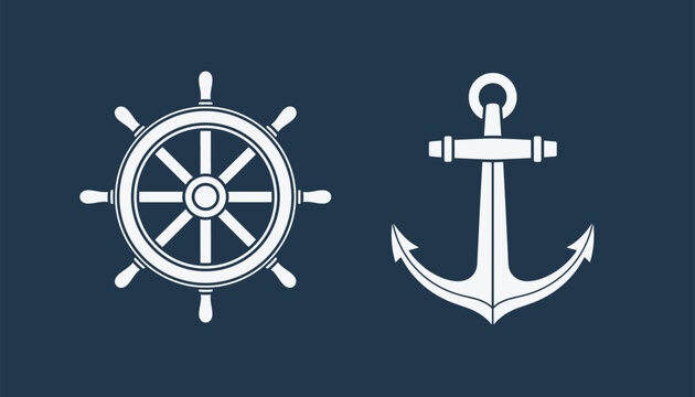 White ship steering wheel and an anchor icon set on a dark navy blue background, marine and nautical theme design elements.