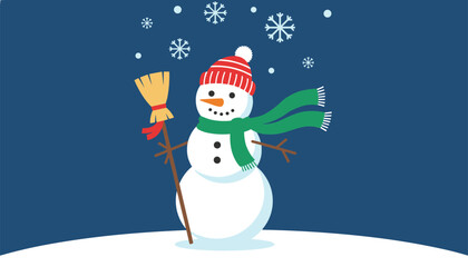 Naklejka premium Cheerful snowman wearing a red winter hat and a green scarf, holding a broomstick while it snows, festive winter scene.