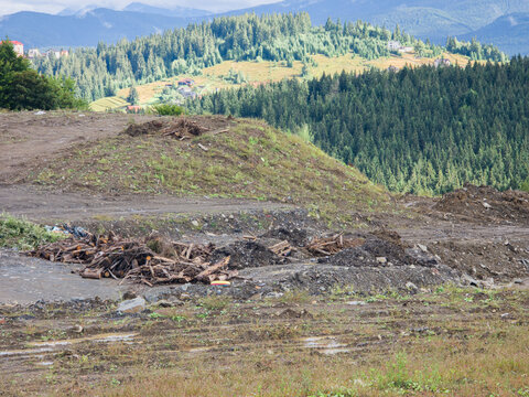 Deforestation and Land Clearing Construction Site in Mountains