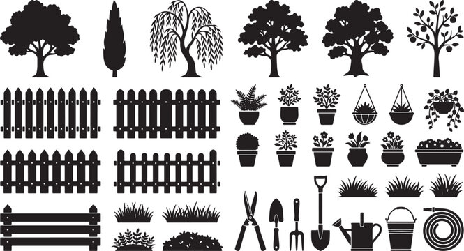 Set of garden elements including trees fences potted plants and gardening tools in black silhouette vector style