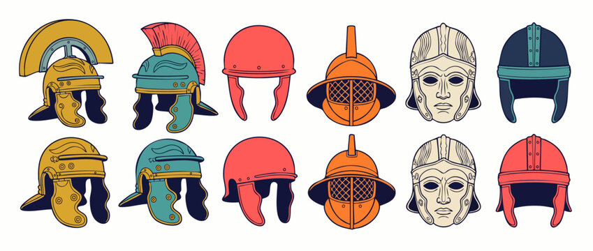 Roman helmet set vector illustration featuring ancient warrior armor, centurion crests, gladiator headgear, legionnaire masks, and Greek soldier helmet icons isolated on white background for history.
