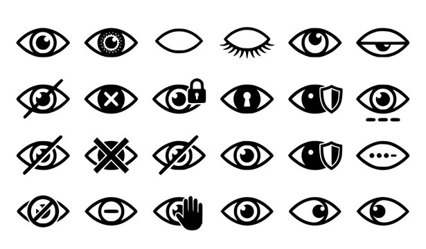 Eye visibility icon set with open closed hidden password show and hide privacy symbols black white vector collection