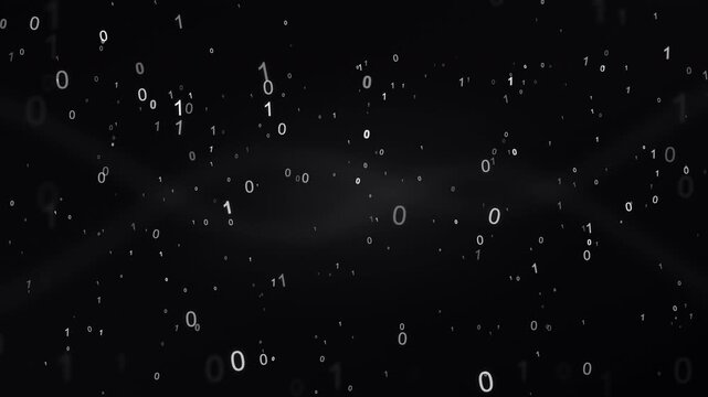 Abstract 4K kinetic typography animation featuring glowing binary digits 0 and 1 traveling along varied curved paths across a dark background. Ideal for technology, coding, programming, data.