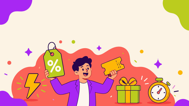 Joyful man holds a discount sign and ticket. He beams with excitement, surrounded by celebration. Gift, timer, and lightning bolt hint at deals and urgency. Perfect for sales, promotions