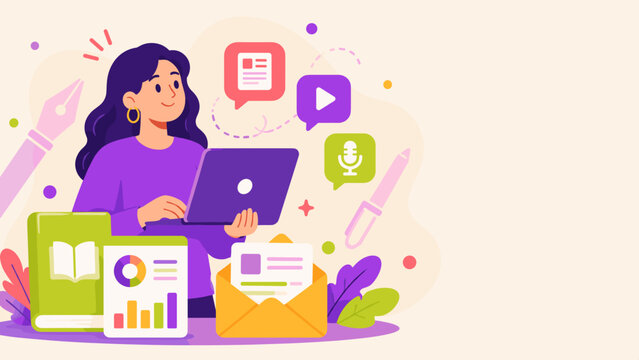 Woman works calmly with a laptop surrounded by digital tools. She smiles gently while typing, focused yet relaxed. Icons float around her-charts, messages, and audio symbols. Her desk holds books