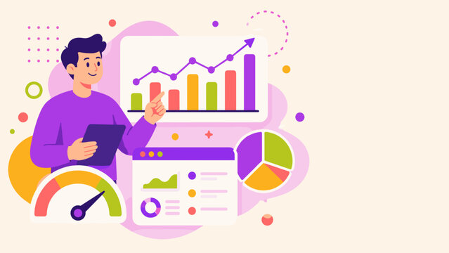 Man smiles while pointing at a vibrant chart. He holds a tablet, indicating growth and progress. Charts and graphs surround him, showing business trends. Colorful icons float nearby