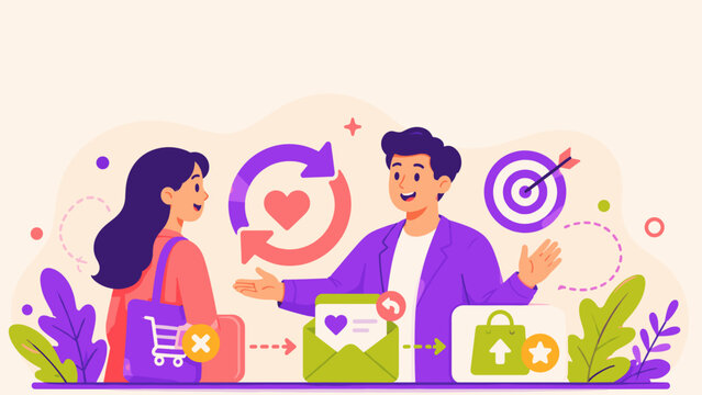 Two people engage warmly in a shopping conversation. One holds a cart, the other gestures toward a shopping bag. Symbols suggest trust, delivery, and achievement