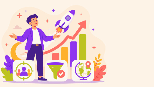 Man gestures joyfully beside a rising arrow. Bar graphs and icons show growth and global reach. Bright colors emphasize energy and progress. Perfect for business, marketing, or success visuals