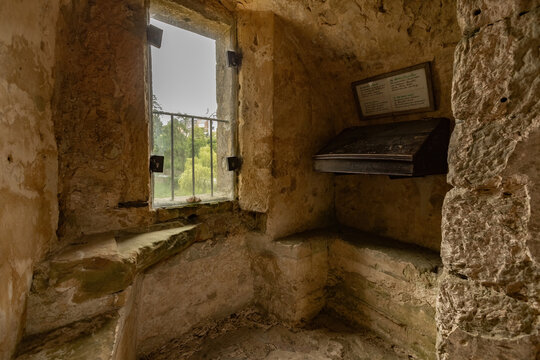 Interior details and walls of Medieval Beaufort Castle in Luxembourg