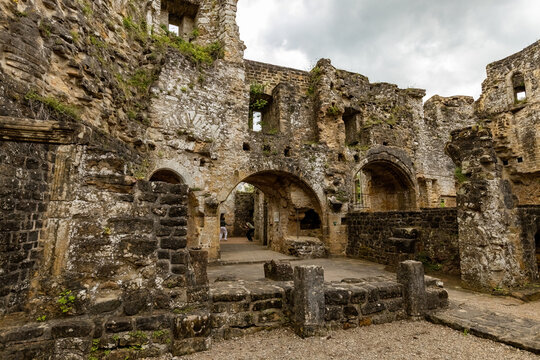 Interior details and walls of Medieval Beaufort Castle in Luxembourg