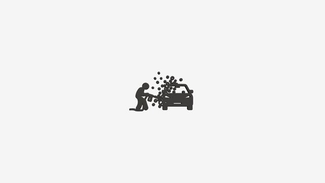 Minimalist graphic icon showing car wash service animation with bubbles and soapy water spray on plain white.