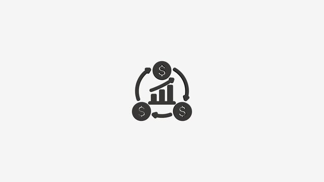Animated financial chart icon showing circular money growth cycle with dollar signs on isolated white background loop.