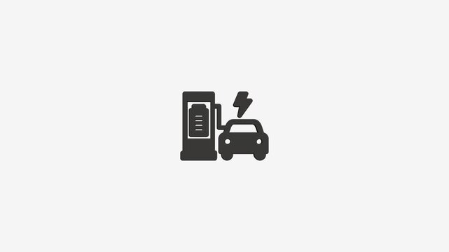 Electric vehicle charging station icon animation with battery indicator on minimalist white studio background.