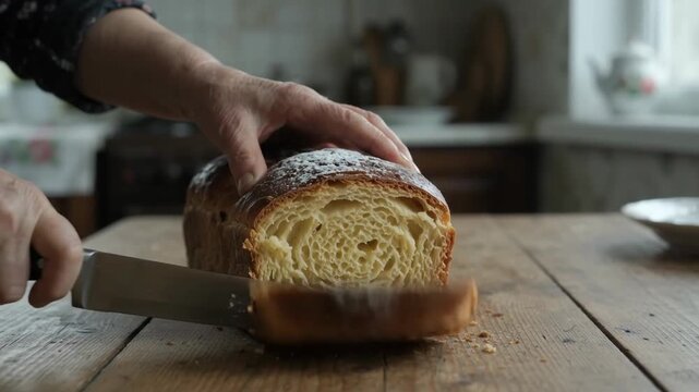 Close-Up of Hands Slicing Sweet Bread on a Wooden Table