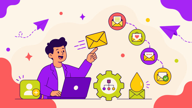 Man smiles while sending emails from laptop. Icons float around him, showing delivery, settings, and feedback. Vibrant colors suggest energy and efficiency